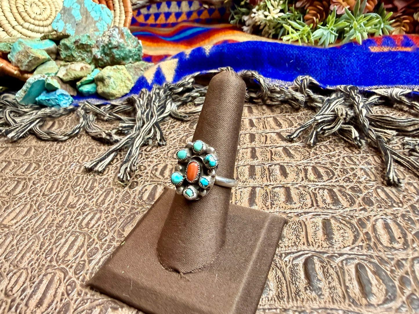 Small Turquoise and Coral Ring Size 7