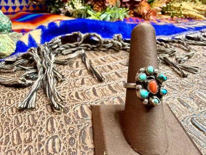 Small Turquoise and Coral Ring Size 7