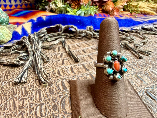 Small Turquoise and Coral Ring Size 7
