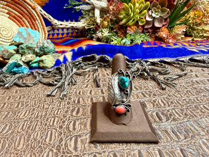 Feather Turquoise and Coral Ring Size 8
