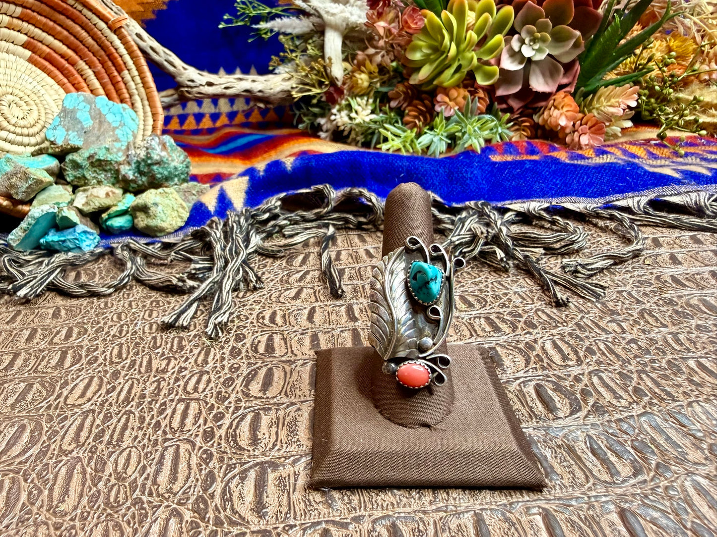 Feather Turquoise and Coral Ring Size 8