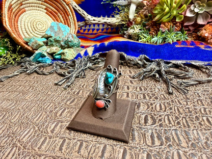 Feather Turquoise and Coral Ring Size 8
