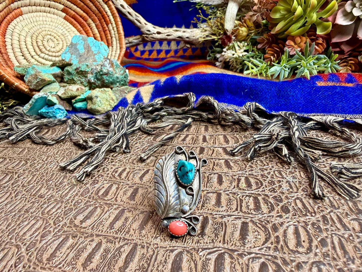 Feather Turquoise and Coral Ring Size 8