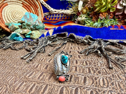 Feather Turquoise and Coral Ring Size 8