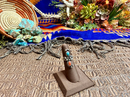 Coral and Turquoise Ring with small ball accents Size 5.50