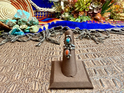 Coral and Turquoise Ring with small ball accents Size 5.50