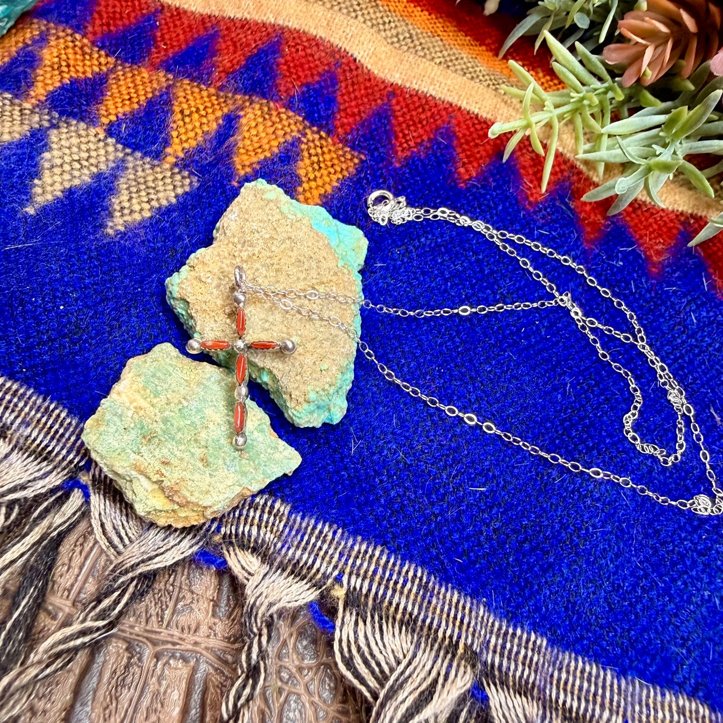 Coral & Turquoise Cross Pendant Necklace