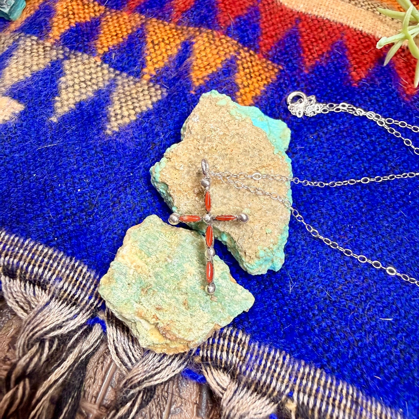 Coral & Turquoise Cross Pendant Necklace