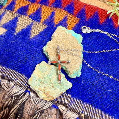 Coral & Turquoise Cross Pendant Necklace