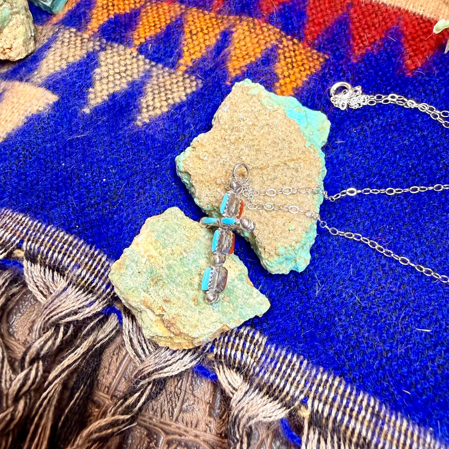 Coral & Turquoise Cross Pendant Necklace
