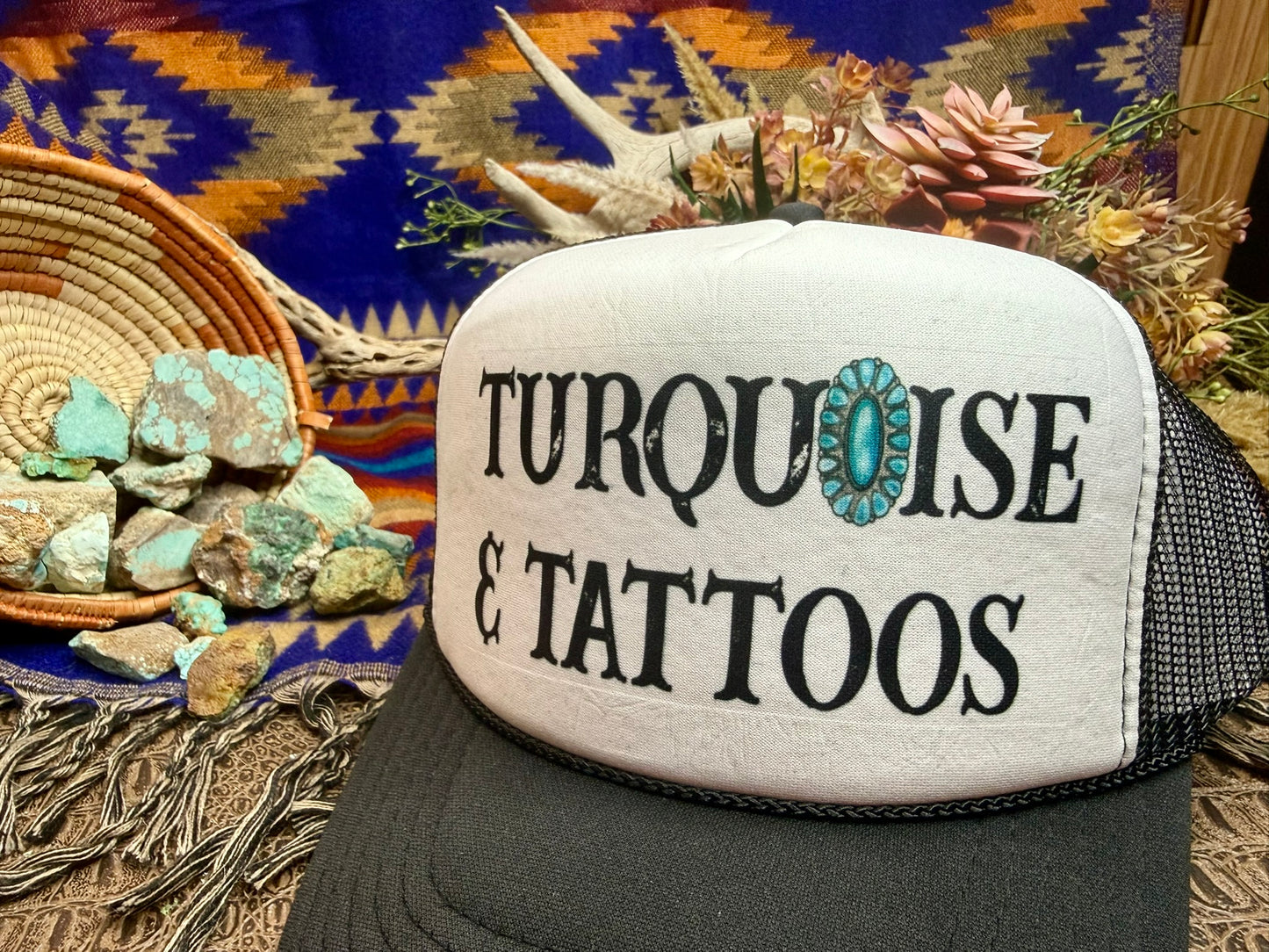 Turquoise & Tattoos Black/White Trucker Hat