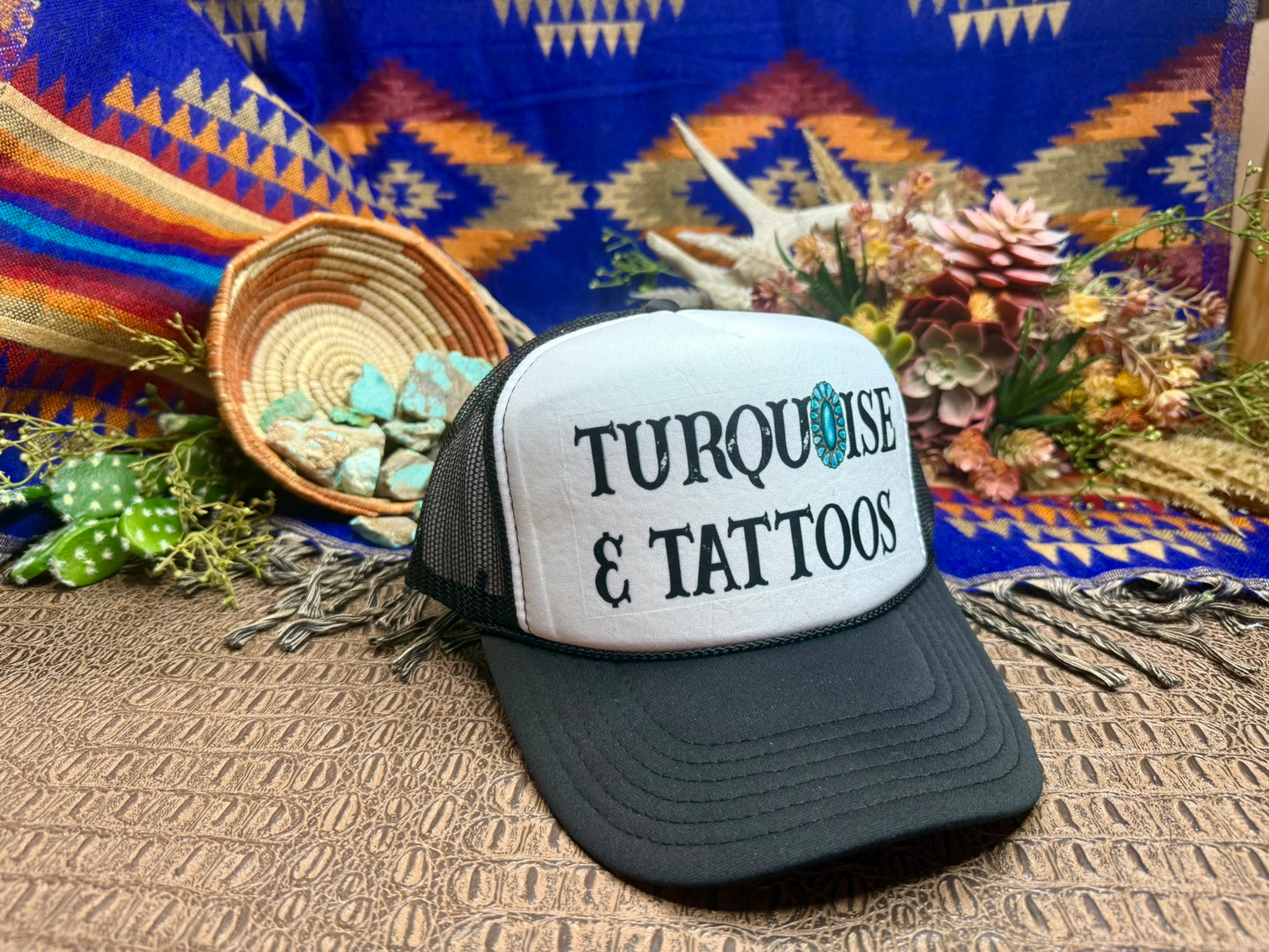 Turquoise & Tattoos Black/White Trucker Hat