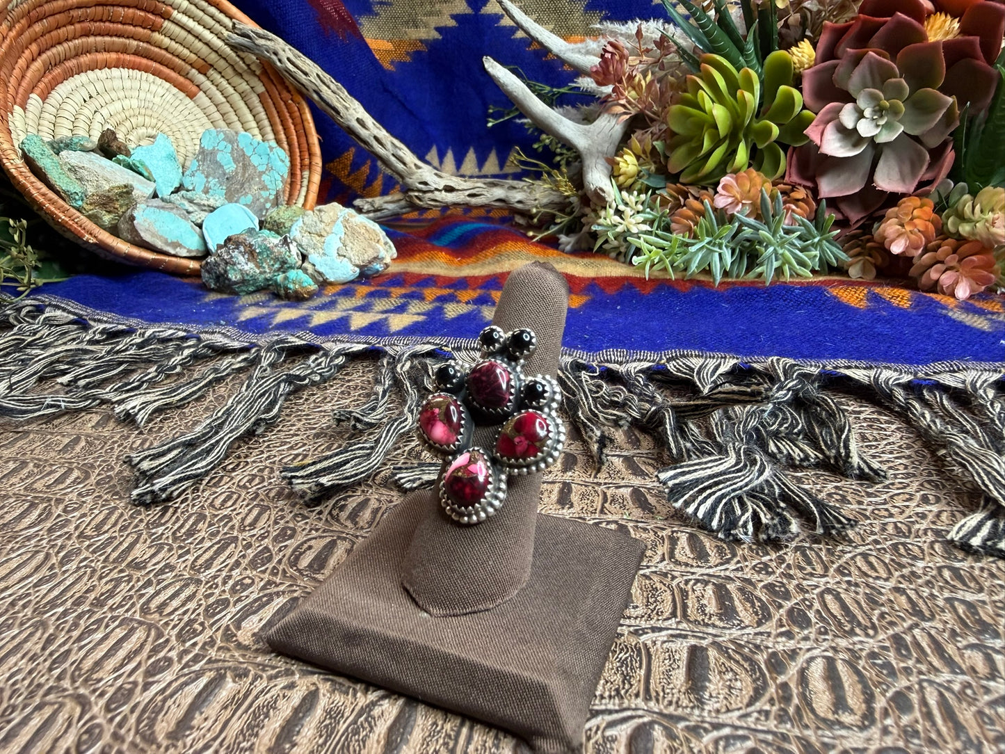 Rose Dahila Black Onyx Cactus Shape Ring Size Adjustable