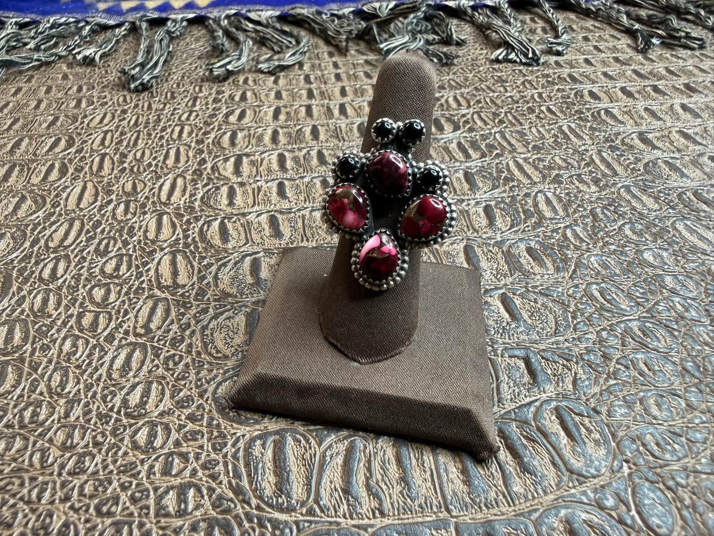 Rose Dahila Black Onyx Cactus Shape Ring Size Adjustable