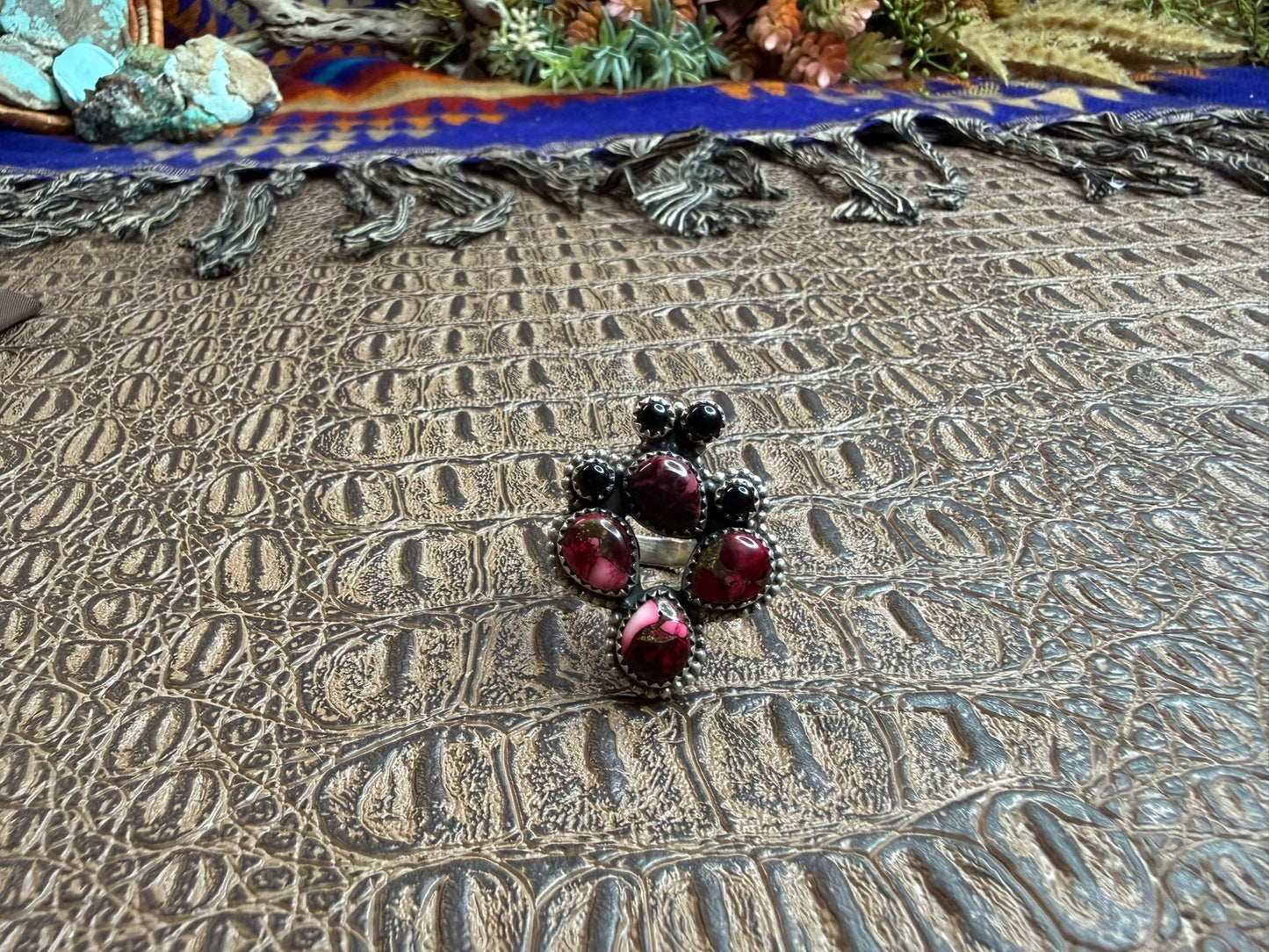 Rose Dahila Black Onyx Cactus Shape Ring Size Adjustable