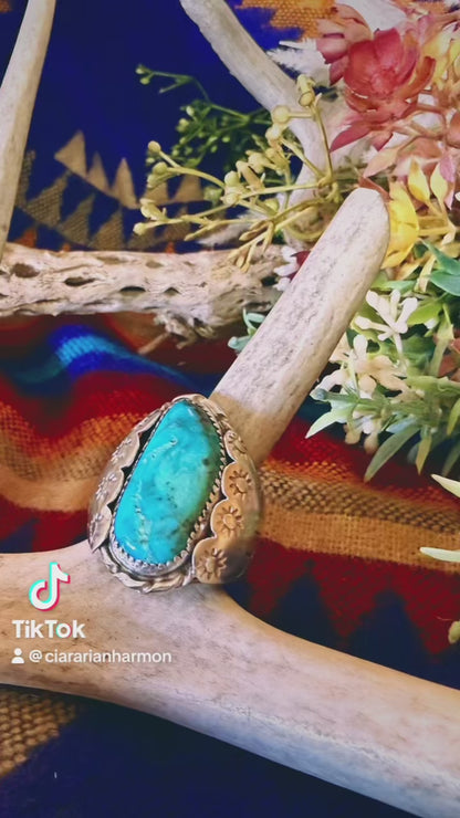 Large Stamped Turquoise Ring Size 11